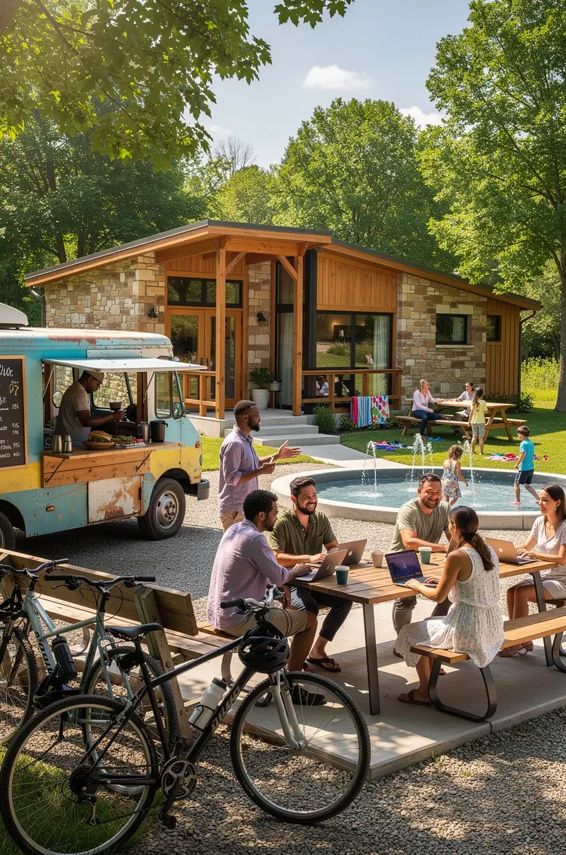 Гости микро-курорта наслаждаются общением и отдыхом на открытой площадке с зелёными насаждениями.