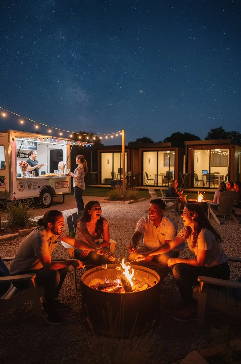 Панорамный вид на зону отдыха с кабинами и фуд-траками в окружении живописной природы США.