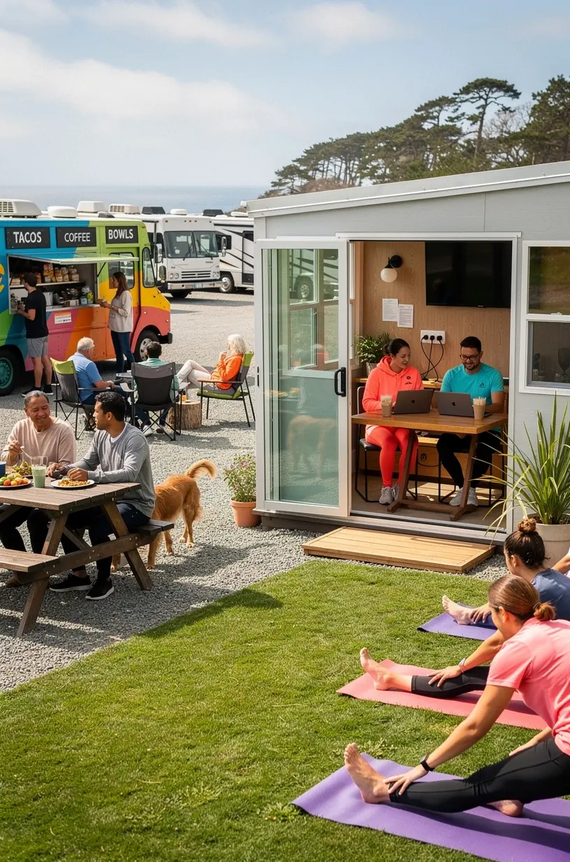 Современный микро-курорт для автодомов с подключаемыми стоянками и удобствами для отдыха.